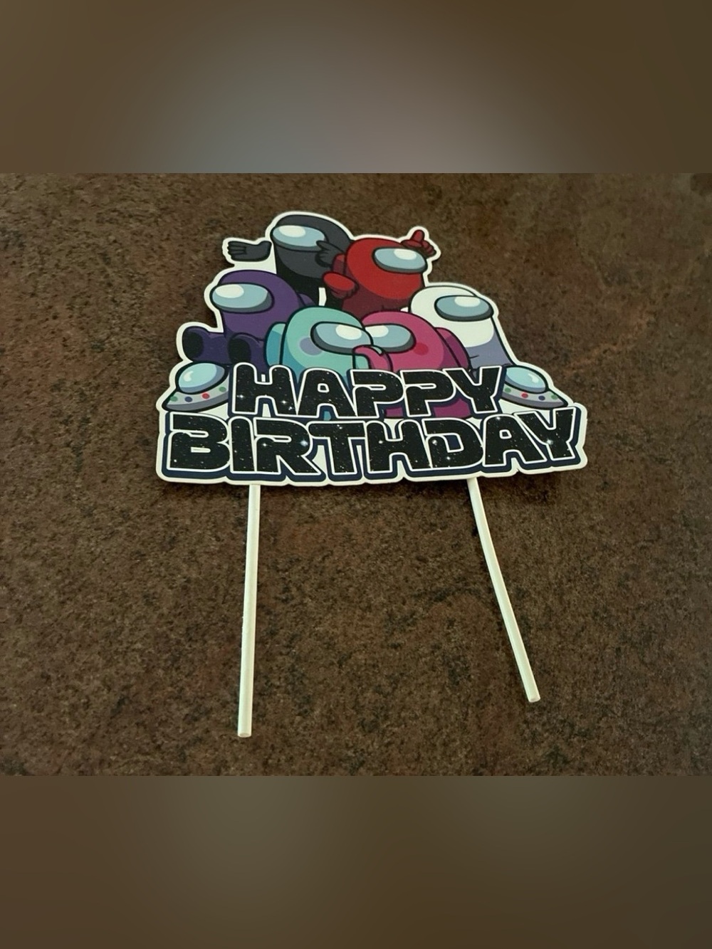 Among Us Style Happy Birthday Cake Topper - Multicolor